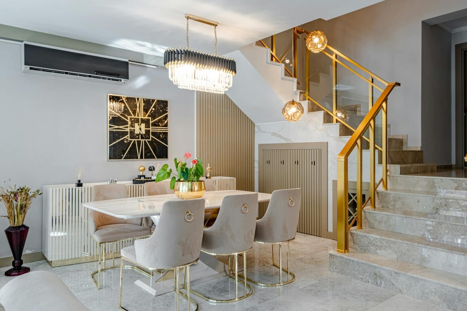 chandelier above dining table