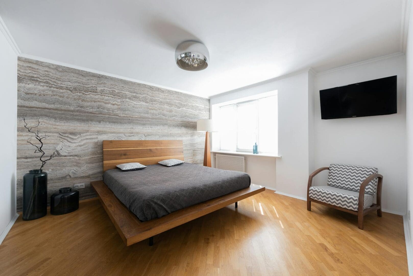 platform bed bedroom interior